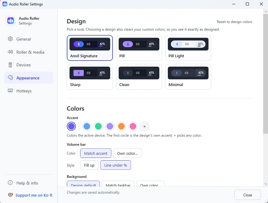 Audio Roller's Settings window, Appearance page: six design cards (Anvil Signature, Pill, Pill Light, Sharp, Clean, Minimal), each showing a live preview, above accent colour swatches and volume bar options.